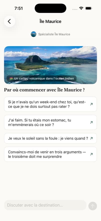 Une conversation avec l'Île Maurice dans l'app : photo de la région et questions suggérées.