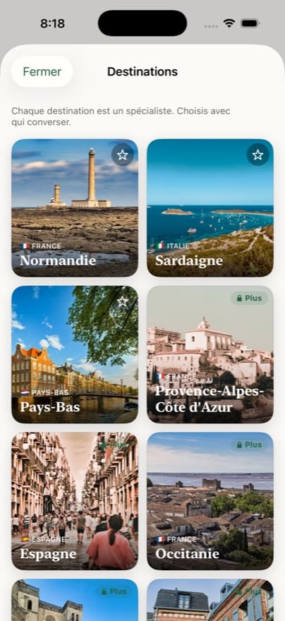 La galerie des destinations de l'app Marco Paulo : cartes photographiques des régions Normandie, Sardaigne, Pays-Bas…