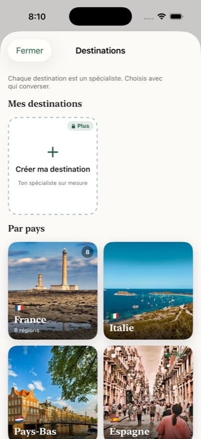 La galerie des destinations de l'app Marco Paulo, regroupées par pays : France, Italie, Pays-Bas, Espagne, en cartes photographiques.